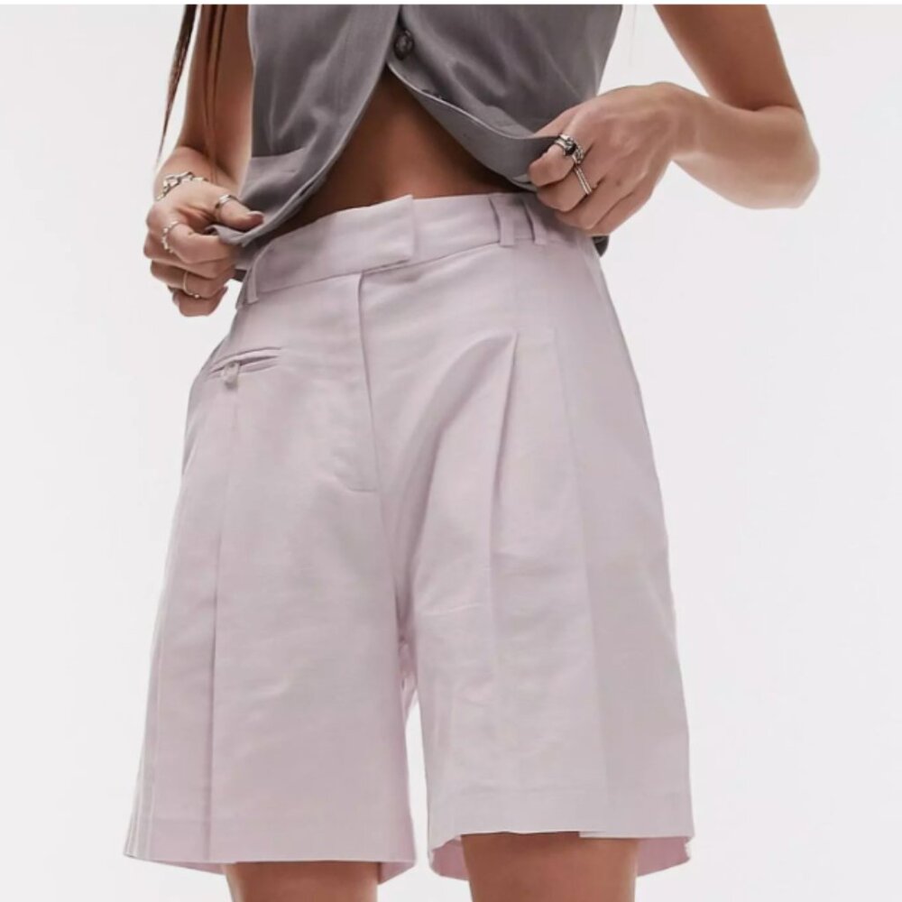 Topshop Pale‎ Lilac Linen Blend High Waist Pleated Longline Shorts Size 2 NEW
